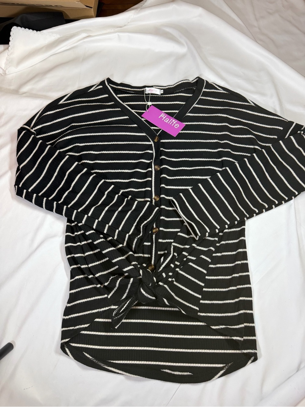 Raffte Black & White Striped Button-Front Long Sleeve Top